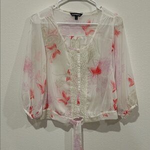 Express Sheer Floral Blouse - White, Coral and Pink